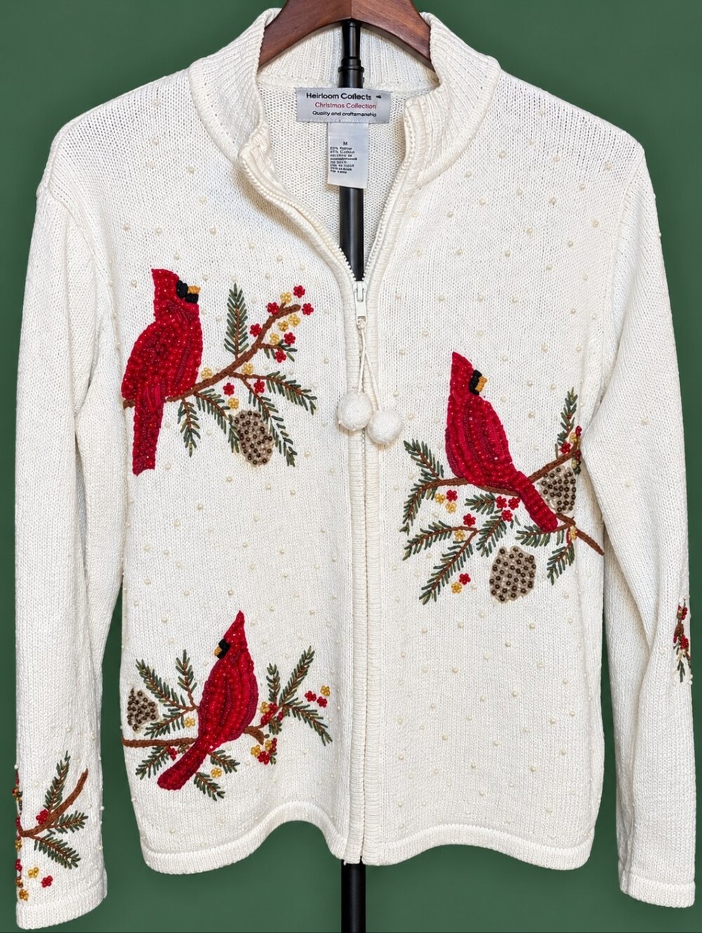 Heirloom Collection Christmas Cardinal Zip Sweater Cardigan Ivory Beaded Embroid